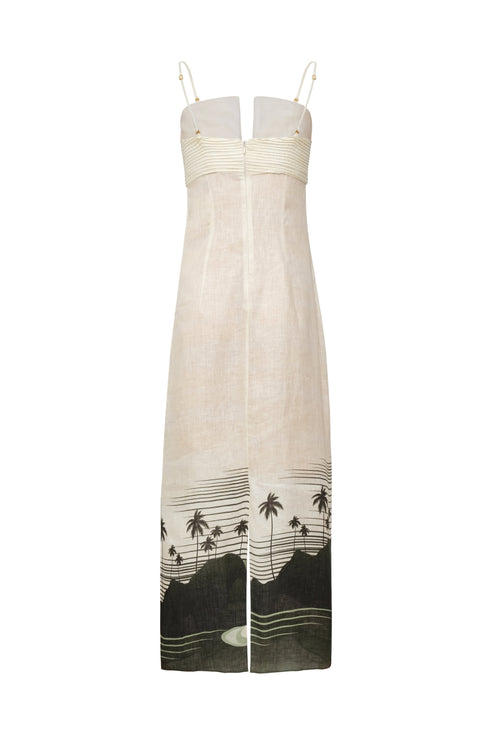 Antigüa Linen Midi Dress / Green Tropical Landscape